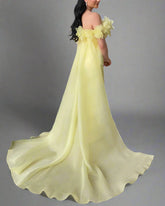 Off-shoulder column dress with floral neckline and chiffon train – LEMONIA